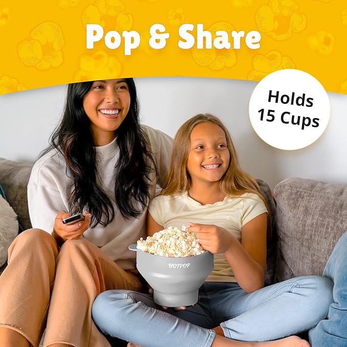 The Original HotPop Silicone Popcorn Maker - Microwave Popcorn Popper - Collapsible Bowl, Heat-Resistant, Easy to Clean, Ideal for Family Movie Nights, 15-Cup Capacity - White