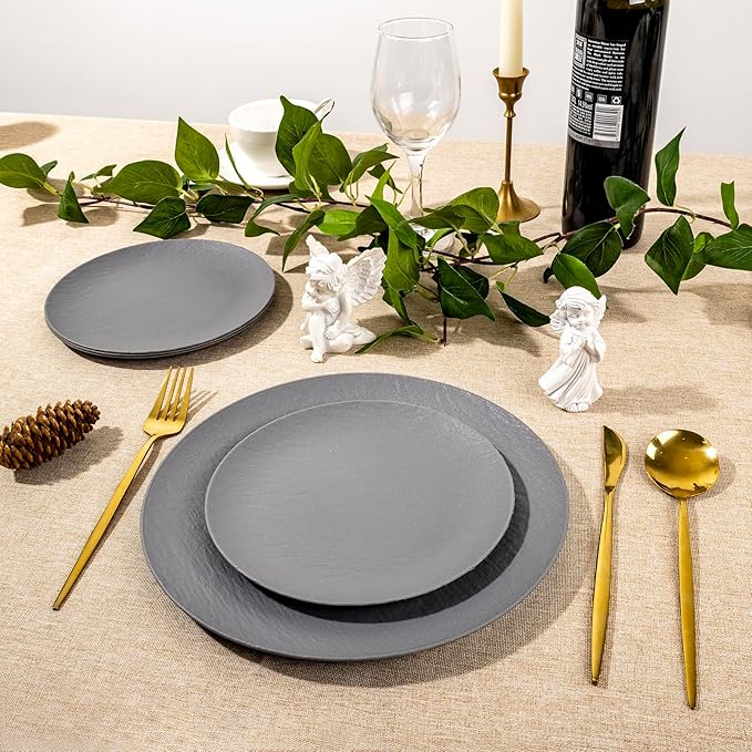 WONDERFUL 32pcs Dark Grey Plastic Plates Reusable Plates Unbreakable and Dishwasher safe Dishes Set Outdoor Plate Includes:16 Dinner 10" and 16 Dessert Plate 7.3" Suitable for BBQ & Camping