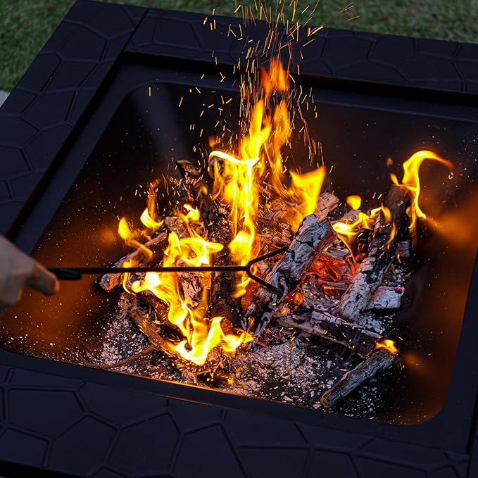 Multifunctional Fire Pit Table 32 inch Square Metal Firepit Stove Backyard Patio Garden Fireplace for Camping, Outdoor Heating, Bonfire and Picnic