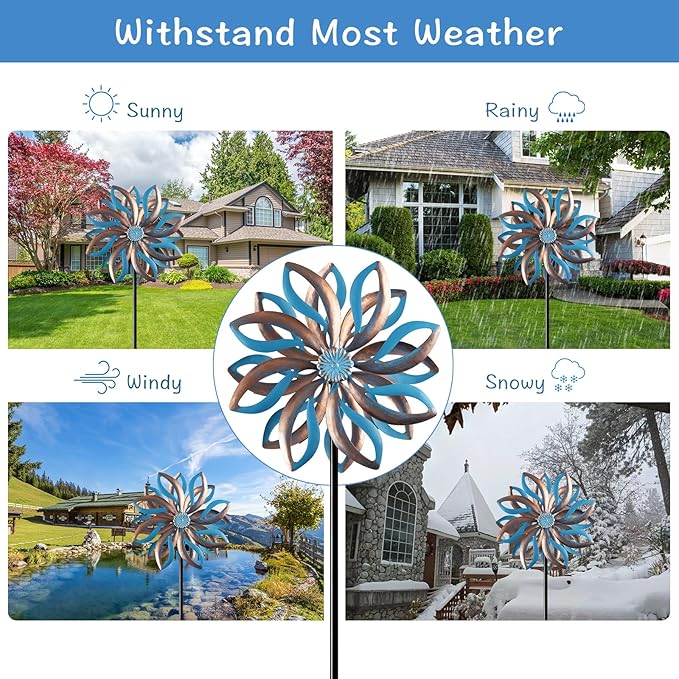 Metal Wind Spinners Outdoor,Vintage Kinetic Wind Spinner Garden Pinwheels with Metal Stake for Patio,Lawn,Garden,Creative Gifts for Women, 57.5 * 13.5 Inch (Blue)