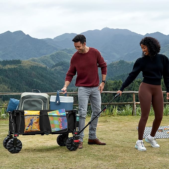 PORTAL Collapsible Wagon with Brakes, Heavy Duty Utility Cart with All-Terrain Wheels, Portable Folding Wagons for Camping, Beach, Garden, Shopping, and Groceries