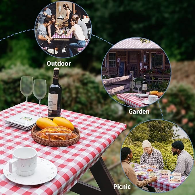 Picnic Table Cover and Bench Covers, Fitted Tablecloth Cover with Elastic Edge, Water and Oil Proof, for Outdoor, Garden, Camping, 72x28 Inch, 3 Pieces Set, Red & White