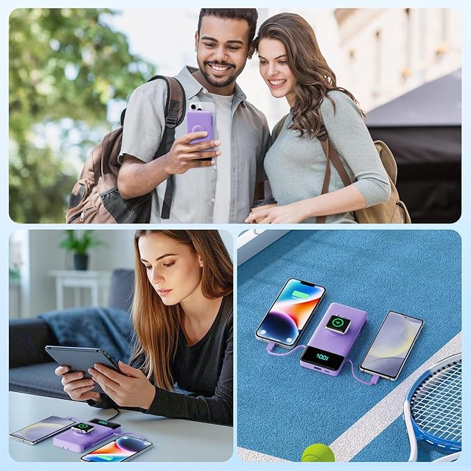 Portable Charger for iPhone with Built in Cables & Wall Plug,6-in-1 10800mah Power Bank with iWatch Charger,22.5W PD Fast Charging LCD Display Battery Pack for iPhone 16/15,Android,Apple Watch-Purple