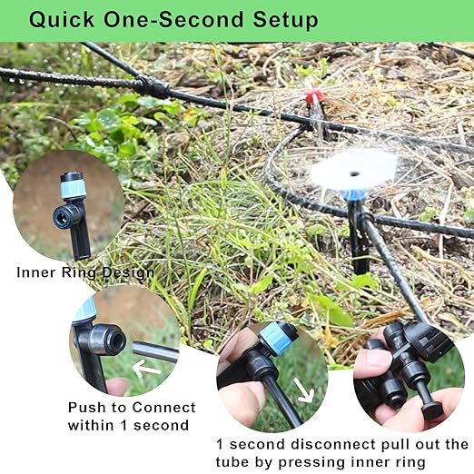 250FT Drip Irrigation Kit โ 2025 New Quick-Connect Micro Irrigation System with 50FT 1/2'' Tubing, Locking Nozzle Emitters, Adjustable Misting Sprayers for Gardens, Lawns, Raised Beds and Greenhouses