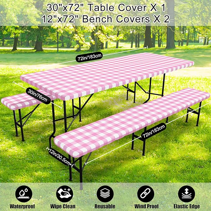 Smiry Picnic Table Cover with Bench Covers, Waterproof Elastic Fitted Tablecloths for 6 Foot Rectangle Tables, Washable Buffalo Plaid Tablecloth for Camping, Outdoor (Pink & White, 30"x72")