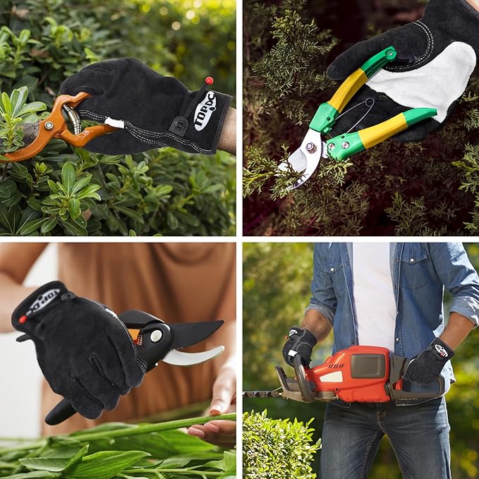 TOPDC Leather Work Gloves for Men or Women, Cowhide Leather Gloves for Gardening, Tig/Mig Welding, Chainsaw, Farm, Ranch, Reinforced Palm, Adjustable Cuff, Cotton Lining, Firm Grip & Durable, S