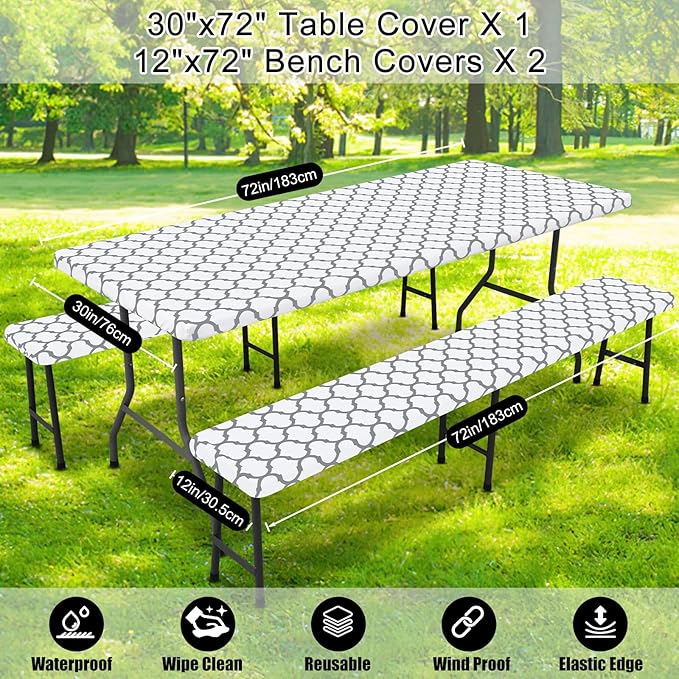 Smiry Picnic Table Cover with Bench Covers, Waterproof Elastic Fitted Tablecloth for 6 Foot Tables, Washable Polyester Tablecloths for Camping, Indoor & Outdoor (White Morocco, 30x72 Inch 3-pc Set)