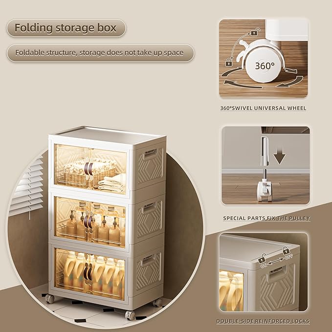 108 QT / 27 Gal Stackable Storage Bins (1 Lid) w/Wheels & Magnetic Doors, Collapsible Plastic Organizer Cabinet for Closet Office Garage - White Storage Containers