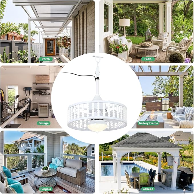 Outdoor Ceiling Fans with Lights and Remote, Waterproof LED Dimmable Ceiling Fan, Reversible, 3CCT, 6 Wind Speeds, White Plug in Ceiling Fan, Farmhouse Boho Hanging Gazebo Fan for Patios Porch Indoor