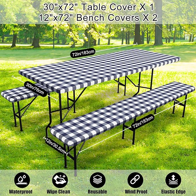 Smiry Picnic Table Cover with Bench Covers, Waterproof Elastic Fitted Tablecloths for 6 Foot Rectangle Tables, Washable Buffalo Plaid Tablecloth for Camping, Outdoor (Navy & White, 30"x72")