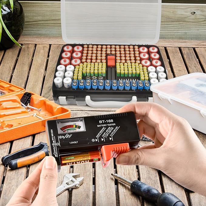 Battery Organizer Storage Holder Case with Double-Sided, Garage Box with Tester Checker. Batteries Container for 269pcs AA AAA AAAA 3A 4A 9V C D Lithium 4LR44 CR2 CR123A CR1632 CR2032 18650 - Black