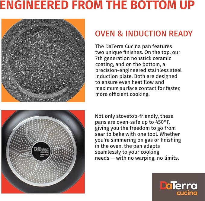 DaTerra Cucina 11" Nonstick Ceramic Frying Pan with Lid – Oven & Induction Safe, High Heat Resistant Nonstick Cookware, Dishwasher Safe, Durable & Stylish - Volcanic Black Speckled – Made in Italy