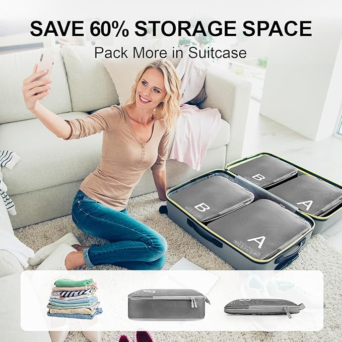 Compression Packing Cubes for Travell Fabric Packing Cubes with Smooth Zippers, Space-Saving Compression Bags for Travell, Luggage Organizers for Clothes, Shoes, and Accessories