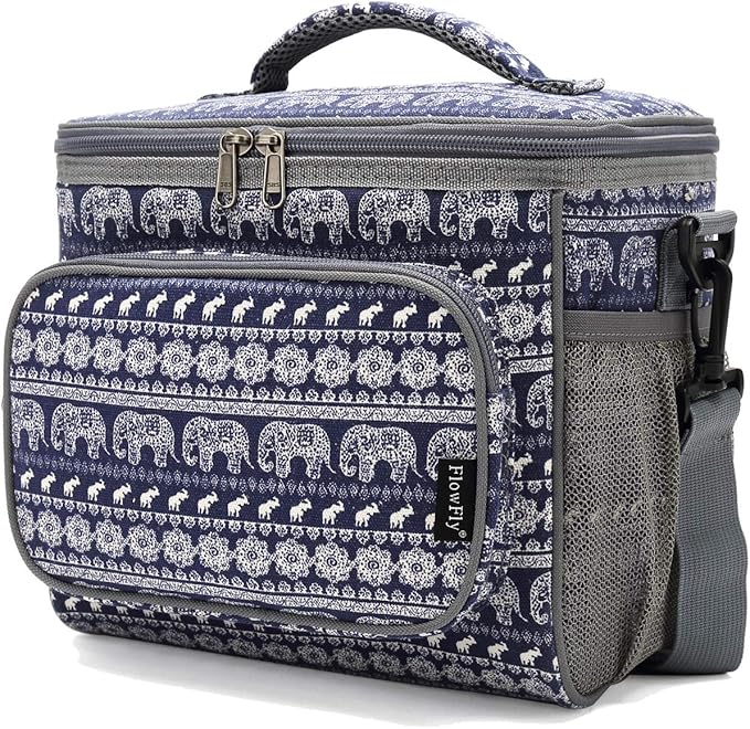 FlowFly Insulated Reusable Lunch Bag Adult Large Lunch Box for Women and Men with Adjustable Shoulder Strap,Front Zipper Pocket and Dual Large Mesh Side Pockets,Elephant