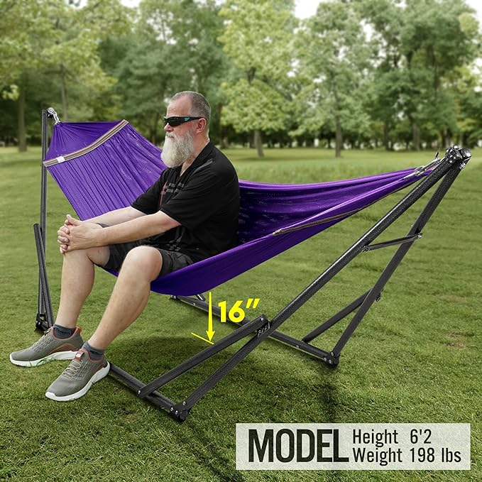Tranquillo Universal Double Hammock with Stand Included for 2 Persons/Foldable Hammock Stand 600 lbs Capacity Portable Case - Inhouse, Outdoor, Camping, Purple