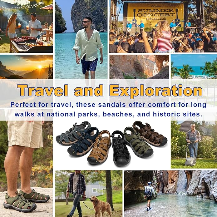 Men's Sport Sandals Closed Toe Leather Hiking Athletic Walking Outdoor Beach Trail River Fishing Water Shoes Lightweight Comfortable Waterproof