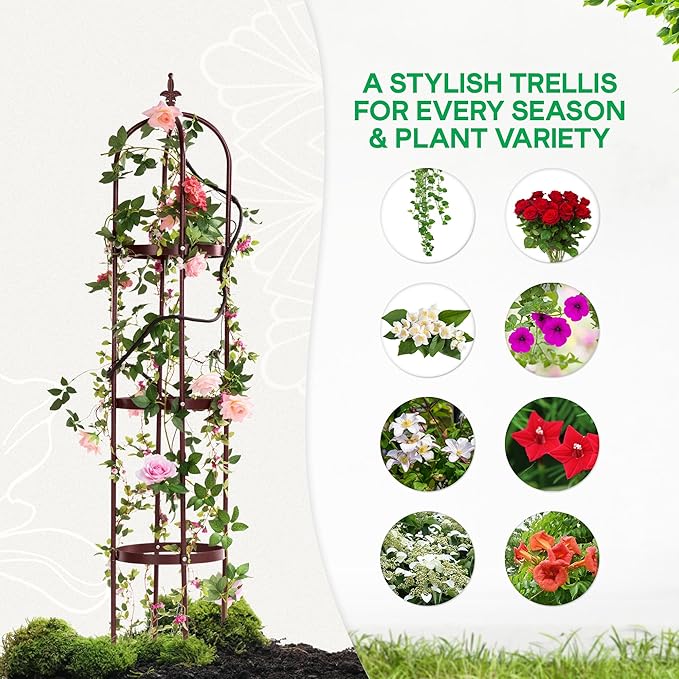 Idzo Trellis for Climbing Plants Outdoor, Garden Trellis Steel, Obelisk Design Hammer Stone Coated, 2025 Bronze Color, Vertical Support for Climbing Plants, Decorative for Outdoor & Indoor Use