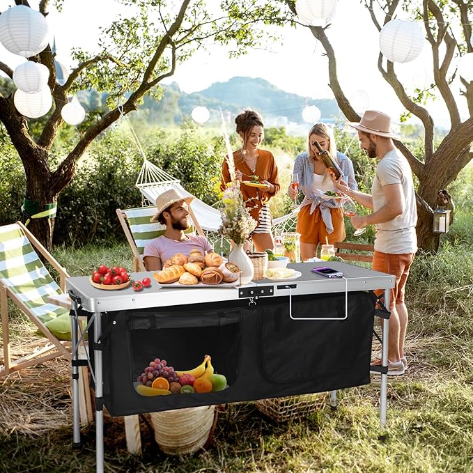 Nice C Camping Table, Storage Camping Table with Solar Panels, Storage Kitchen Tables, Folding Tables, 45W Output, w/USB, Type-C & DC Charging Cable, For Outdoor, Beach, BBQ, Picnic, Cooking, Festival