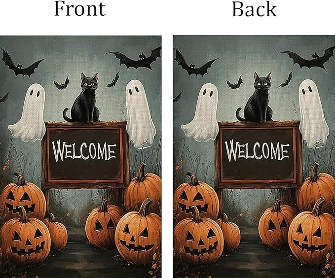 Halloween Garden Flag for Outside 12x18 Inch Double Sided, Pumpkin Ghost Cat Small Yard Flags for Outside, Outdoor Welcome Flag Front Porch Decorations for Home