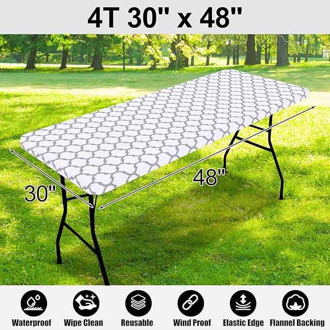 Smiry Rectangle Picnic Table Cover, Waterproof Elastic Fitted Camping Tablecloths for 4 Foot Tables, Wipeable Flannel Backed Vinyl Tablecloth Protector for Indoor, Outdoor (White, 30x48 Inches)