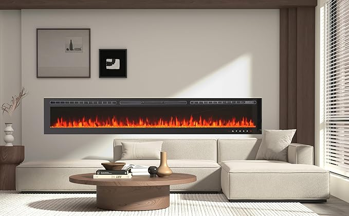 CharaVector 100 inch 750W/1500W Electric Fireplace Inserts with Remote Control in Wall Mounted, Energy Saving LED Insert Fireplace Heater Indoor Glass View with Remote Control & Touch Screen, Black