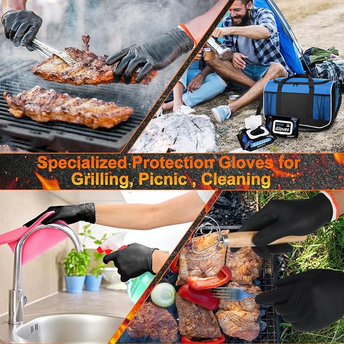 BBQ Gloves 50 Disposable nitrile Gloves with 2 Reusable Cotton Liners Guantes for Cooking Food Prep,Powder Latex Free,Heat Resistant for Grilling, Barbecue, Smoker Guante Heat Froof for Men - XLarge