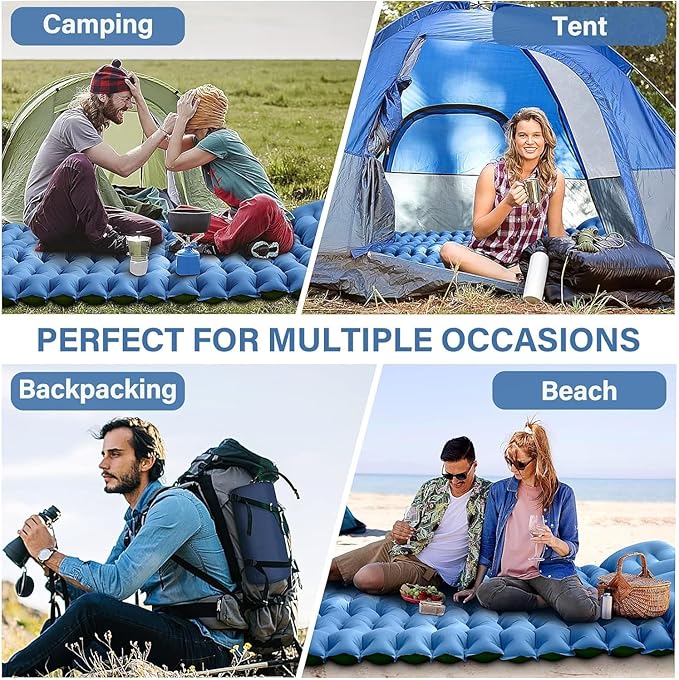 Double Sleeping Pad for 2 Person - 4" Extra Thick Inflatable Air Mattress with Built-in Foot Pump & Pillow for Camping,Traveling, Tent, Portable Camping Mat