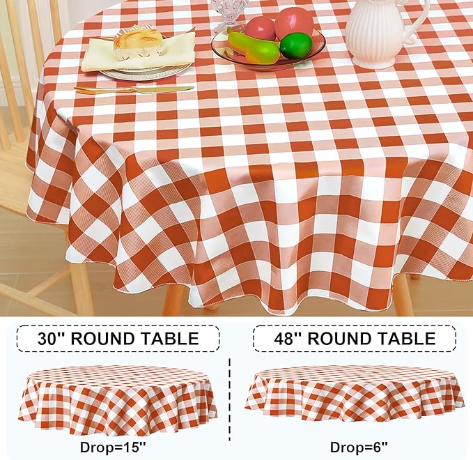 misaya Round Waterproof Vinyl Table Cloth, Buffalo Flannel Backed Tablecloth, Wipeable Plastic Table Cover for Dinner, Kitchen, Picnic, (60", Rust and White)