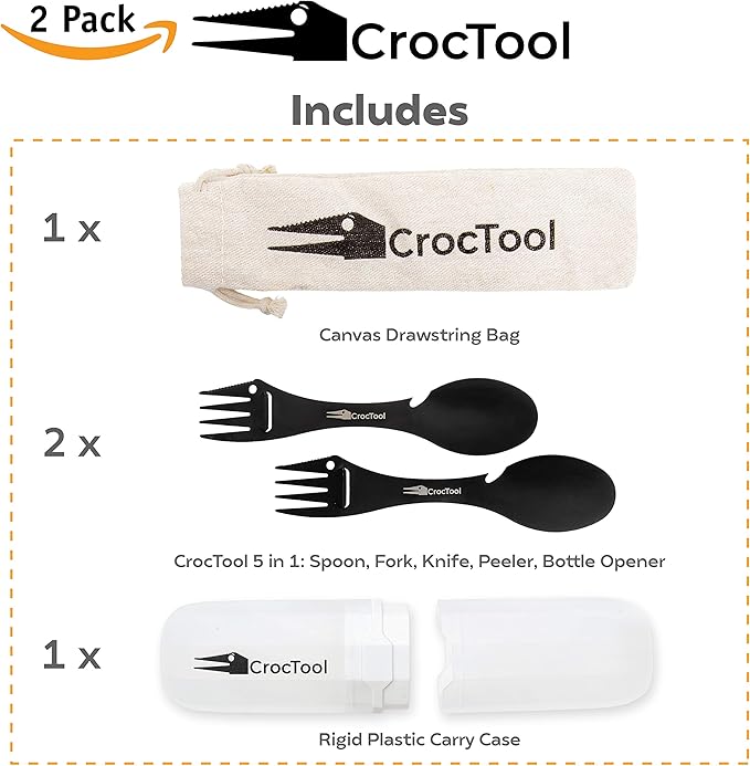 Spork Ultra Lightweight and Strong 5 in 1 Camping Utensil Set-Spoon+Fork+Knife+Peeler+Bottle Opener+Bag+Carry case. Ideal for Outdoors, Home or Office