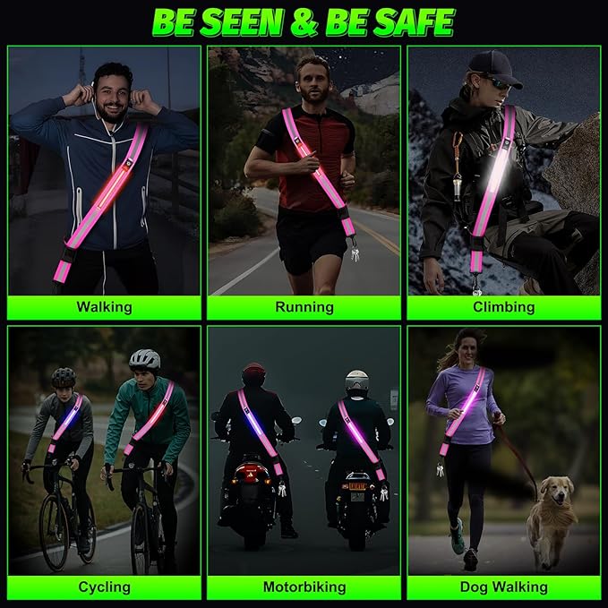 LED Running Gear High Visibility Reflective Belt Sash, Adjustable Night Walking Safety Gear, Rechargeable Light Up Running Reflective Belt for Runners Walkers Men Women