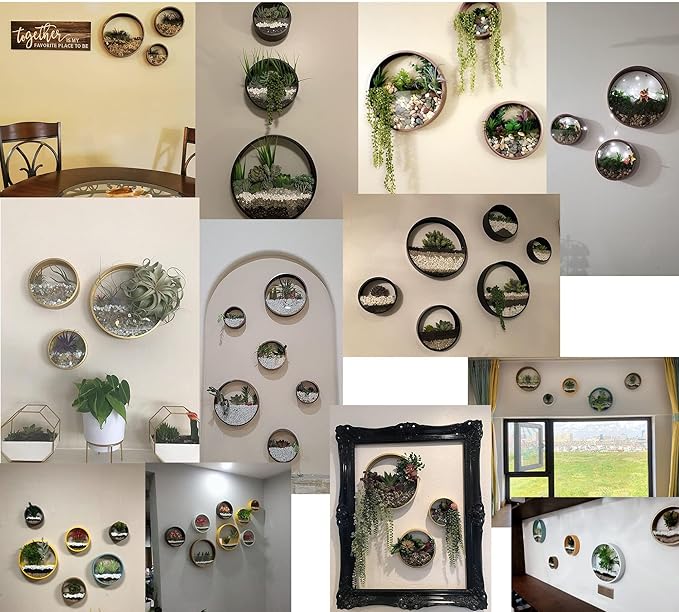 3 Pack Set Wall Planters,Modern Round Glass Wall Planter Succulent Planter Circle Iron Hanging Planter Vase for Herb,Small Cactus Perfect for Balcony, Room and Patio Decor (Black)