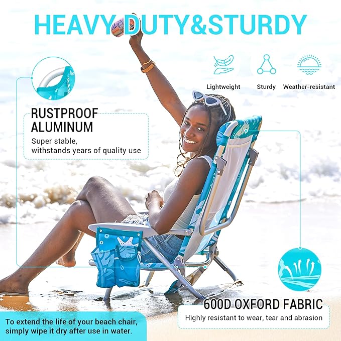 #WEJOY Folding Beach Chair for Adults, 4-Position Aluminum Lightweight Beach Chair, Low Sands Chairs with Shoulder Strap, Cup Holder and Padded Headrest, Supports 265lbs for Lawn