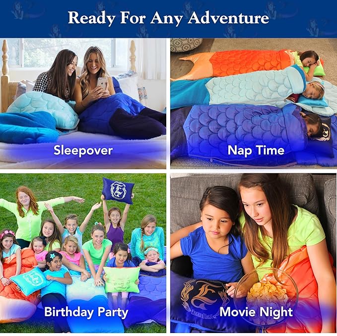Mermaid Tail Blanket for Kids - 5-Piece Glow in The Dark Girls Slumber Set - Wearable Mermaid Tail Sleeping Bag - Ideal for Sleepovers