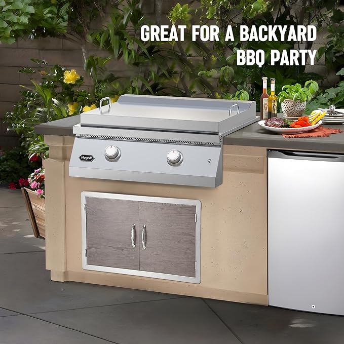 Hygrill 30-Inch Premium Built-In Natural Gas Griddle for Outdoor Kitchen, Durable 304 Stainless Steel 2-Burner Flat Top Grill with Lid and LED lights