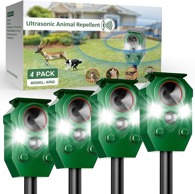 Ultrasonic Deer Repellent Outdoor, Solar-Powered Waterproof Animal Repellent Device for Yard, Garden, and PlantsEffective Repel Cat, Dog, Squirrel, Deer, Raccoon, Rabbit, and Skunk (4)