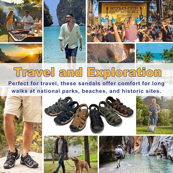 Men's Sport Sandals Closed Toe Leather Hiking Athletic Walking Outdoor Beach Trail River Fishing Water Shoes Lightweight Comfortable Waterproof