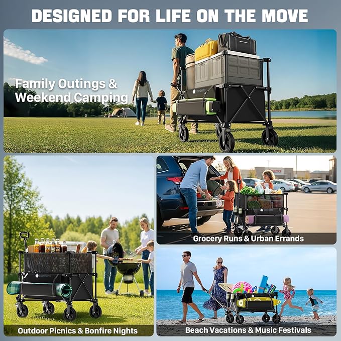 Folding Wagon Cart Foldable with Wheels, Adjustable Double Decker 150L-300L Capacity, All-Terrain Wheels & Brake, 450LBS Heavy Duty Collapsible Wagon for Beach, Camping, Outdoor