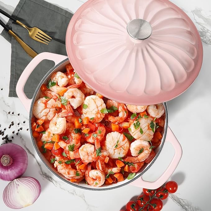 Enameled Cast Iron Dutch Oven with Lid, 6 QT Dutch Oven Pot for Bread Baking, Heavy Duty Cast Iron Pot for Braising, Cook, Bake, Refrigerate Safe across All Cooktops (Gradient Pink,6 QT)
