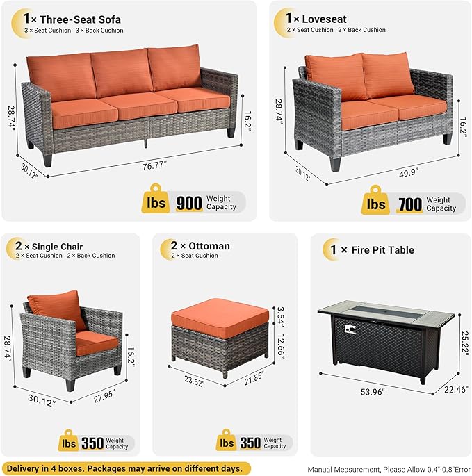ovios 7 Pieces Patio Furniture Set with 54" Fire Pit Table, Outdoor Wicker Sofa with Comfy Cushions, All Weather High Back Rattan Couch Conversation Set, Orange Red