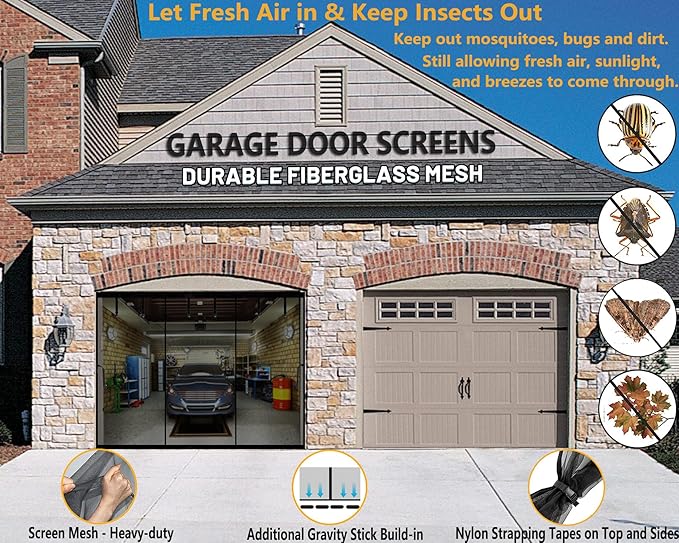Retractable Garage Door Screen Kit 18x8 FT - Heavy-Duty Fiberglass Mesh Net Screen Door for 2 Car Garage 18x8ft, Easy Installation with Magnetic Closure - Ideal for Patio, Balcony, or Porch
