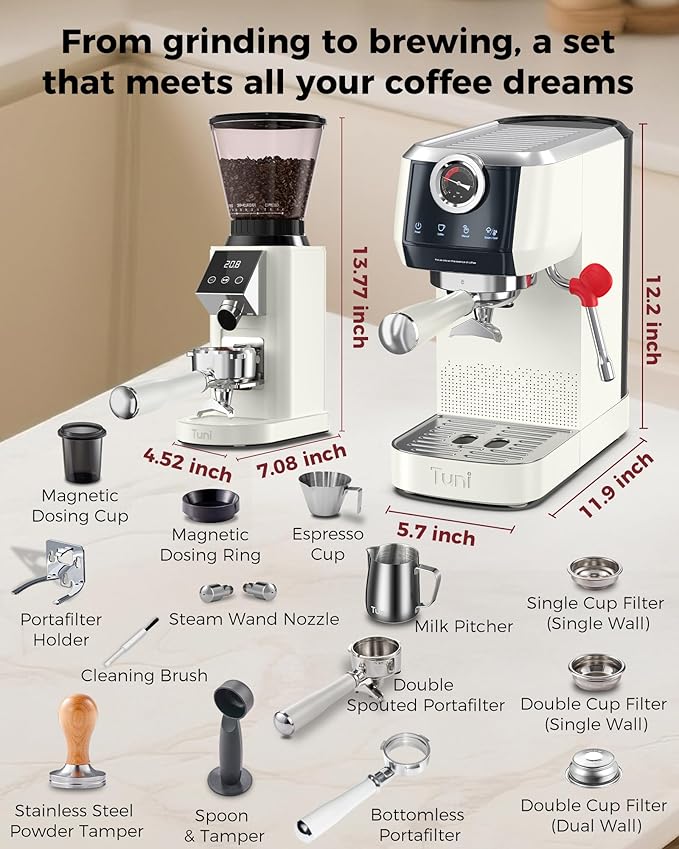 Tuni E2 58mm Dual Boiler Espresso Machine and G1 Ivory 48 Grinding Settings Conical Burr Coffee Grinder with Bottomless Portalfilter Combo (E2 with Upgrade Kit)