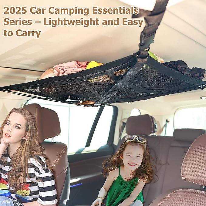 Universal Car Ceiling Cargo Net Pocket (20x31x37 Inch) - Overhead Storage Organizer for SUV, Truck, Camping & Road Trips - Durable Mesh Interior Accessories for Travel Gear