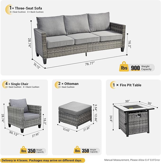ovios 8 Pieces Patio Furniture Set with 30" Fire Pit Table, Outdoor Wicker Sofa with Comfy Cushions, All Weather High Back Rattan Couch Conversation Set, Dark Grey
