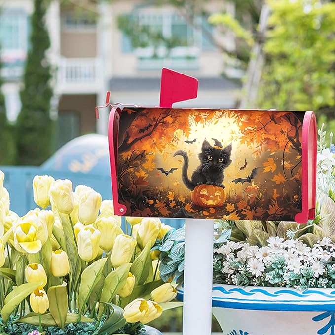 Halloween Cat Magnetic Mailbox Covers Spooky Kitten Pumpkin Waterproof Letter Box Cover Large Size Fall Maple Leaf Forest Bat Decorative Holiday Post Wraps for Home Garden Yard Outdoor 25.5x21 Inch