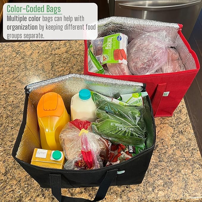 VENO 2 Pack Cooler Bag and Insulated Grocery Bags for Food Delivery, Collapsible Cooler, Reusable Shopping Bags for Groceries with zipper, Foldable, Heavy-Duty, Stands Upright (Assorted Color, 2 Pack)