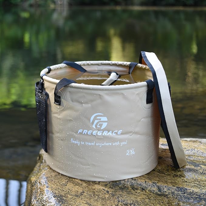 Premium Collapsible Bucket by Freegrace - Compact Portable Folding Water Container - Lightweight & Durable - Includes Handy Tool Mesh Pocket