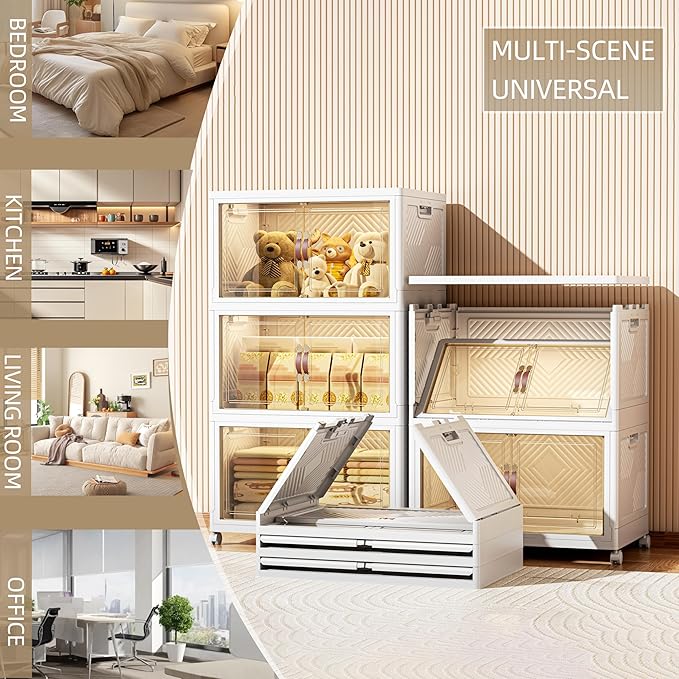 312 QT / 78 Gal Stackable Collapsible Storage Bins with Magnetic Doors & Wheels - Space-Saving Plastic Organizer Cabinet for Closet, Office, Home (White)