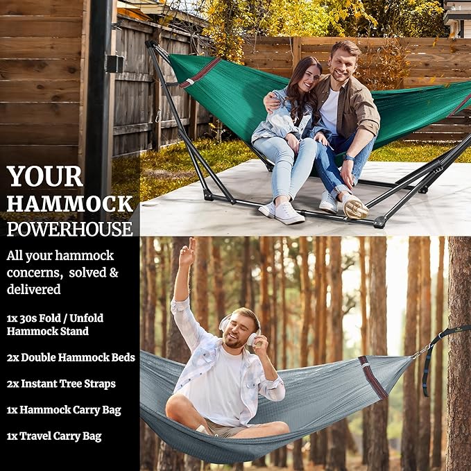 Tranquillo Combo x2 Hammocks with Stand for Outside & Tree Straps, Heavy Duty Hammock with Stand 600lbs for Indoor Outdoor Patio Backyard, x2 Hammocks for 2 Person, Portable Carrying Bags, Peacock