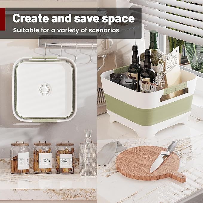 Collapsible Dish Basin, 9L Capacity, Portable Sink for Kitchen, Camping, RV, Gray (Green)