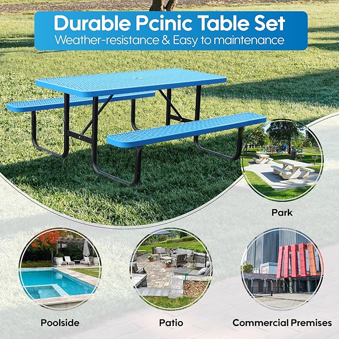 4FT Metal Picnic Tables for Outdoors, Commercial Rectangular Picnic Table and Bench Set for Outside, Patio, Garden, Backyard, Porch, Surface Mount, Blue